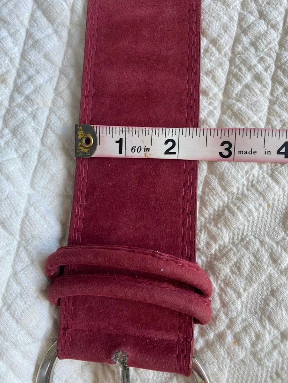 Retro 1980s style wide Burgundy Merlot Red Suede Women's Belt Silver Buckle 32”
